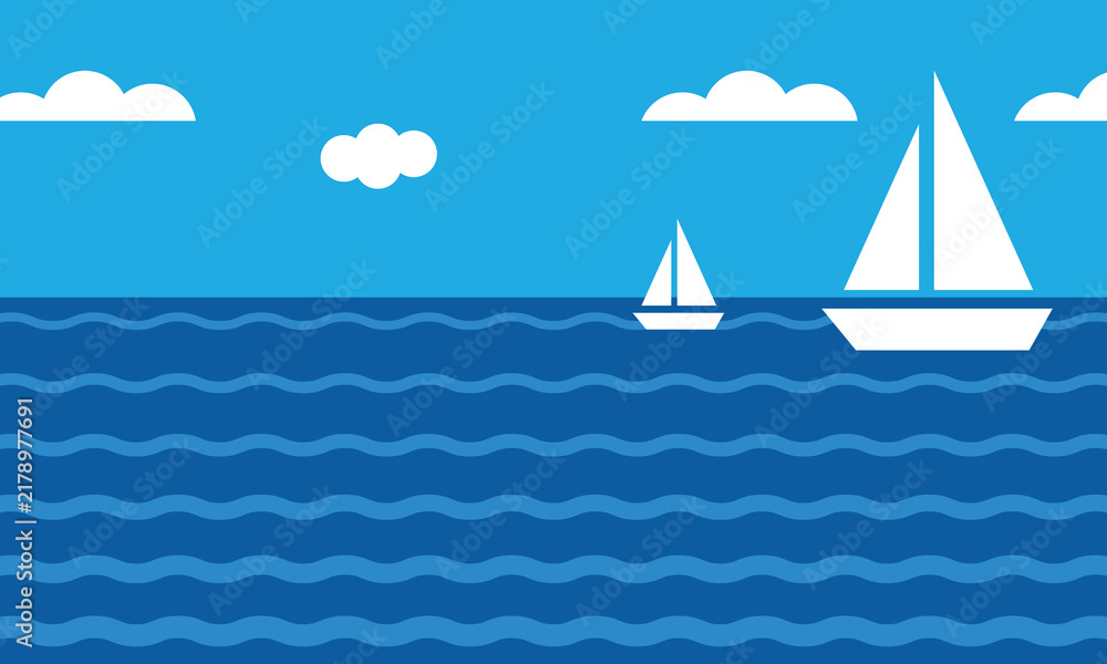 Naklejka premium Flat Vector Illustration of Sailboats Sailing on the Wavy Blue Sea with White Clouds in the Sky
