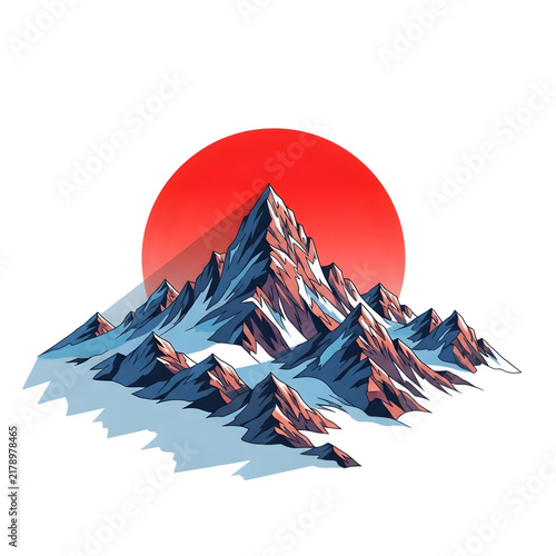Mountain with red rising sun behind peaks
