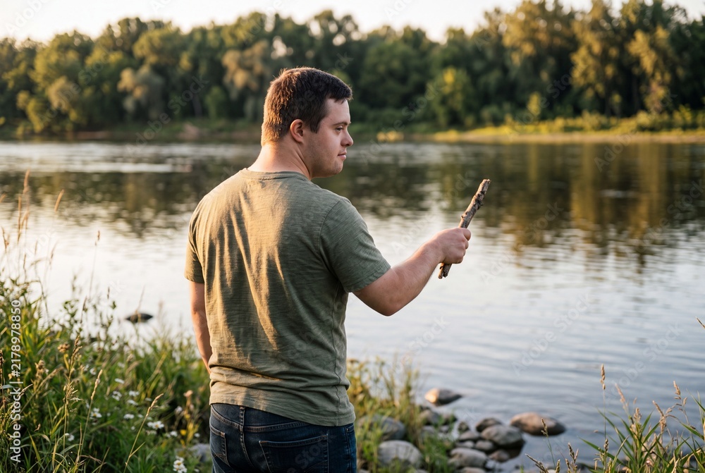 Fototapeta premium Man with Down Syndrome Outdoors by River Holding Stick in Golden Hour Sunlight