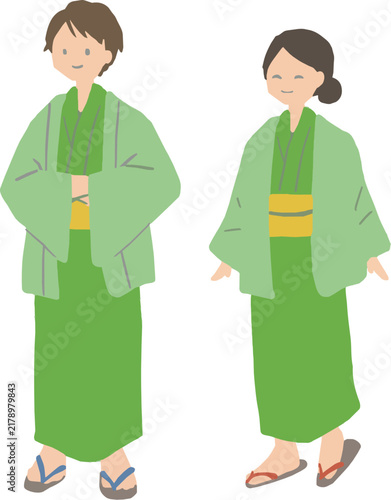温泉地の浴衣を着た人物2人の手描きイラスト素材