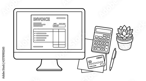 Desktop office scene with computer displaying invoice, calculator, credit card, pen, and potted plant