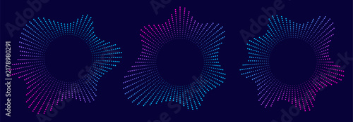 Sound equalizer icons with lines and dots, gradient neon circular sound wave frames, abstract radial music icons. Audio beat symbol concept isolated on dark background. Vector illustration.