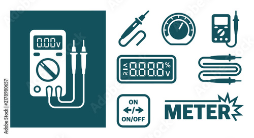 Bild auf Leinwand Minimal Dark Teal Multimeter Icon Set featuring Vector Graphics of Electric Measuring Tools