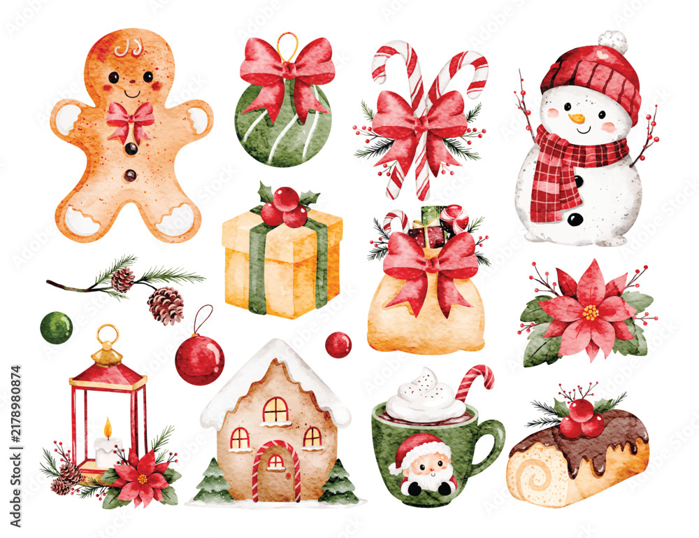 Fototapeta premium Watercolor Illustration Set of Christmas Elements