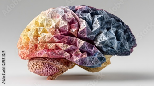 Colorful 3D human brain model crafted from intricate geometric origami paper patterns.