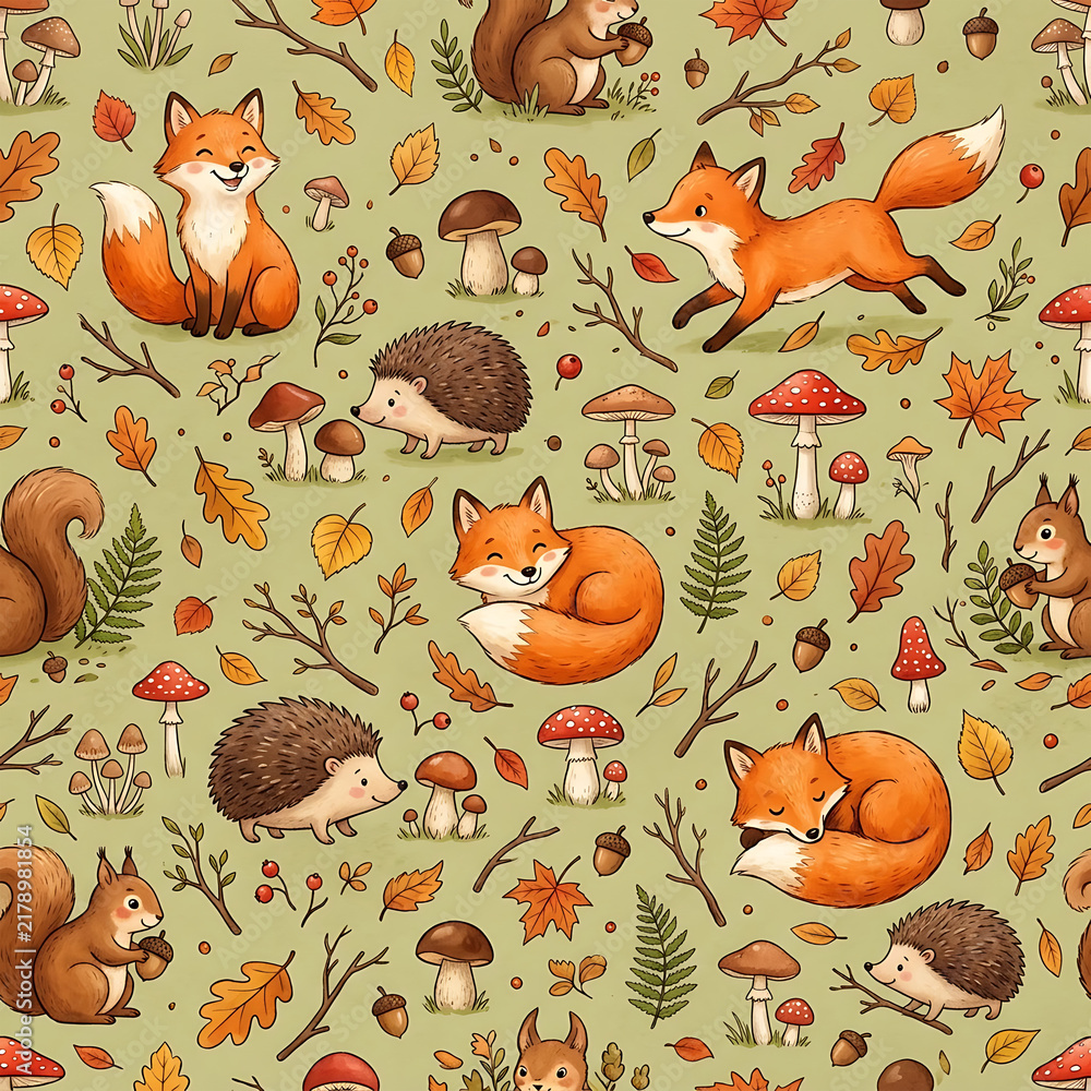 Fototapeta premium Seamless autumn pattern with cute forest animals like foxes, hedgehogs, squirrels, mushrooms, and fall leaves on green background