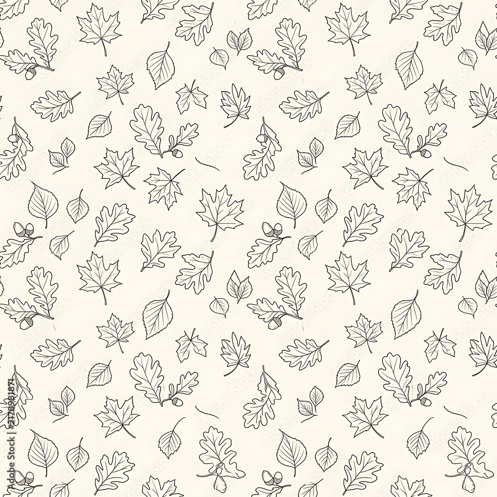 Seamless autumn leaves hand drawn outline pattern with maple, oak, and birch foliage on a light background