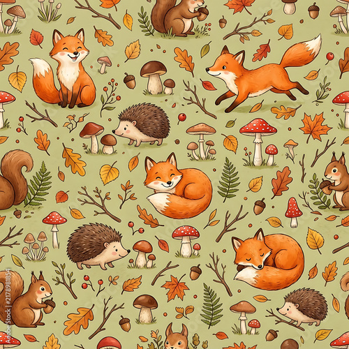 Seamless autumn pattern with cute forest animals like foxes, hedgehogs, squirrels, mushrooms, and fall leaves on green background