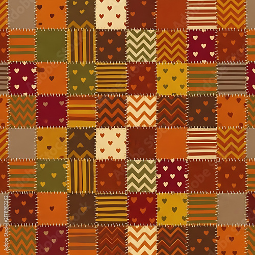 Seamless autumn patchwork quilt pattern with stitched squares, hearts, stripes, and chevron textures for fall designs