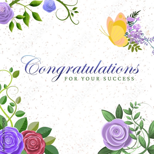 Congratulations For Your Success - Floral Card With Butterfly And Purple Roses