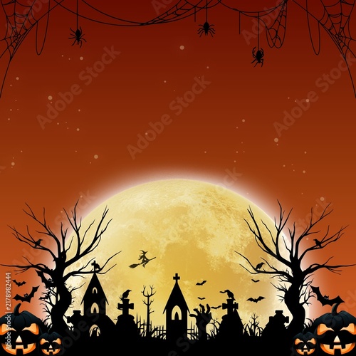 Halloween Night Silhouette With Full Moon Graveyard Pumpkins And Spiders