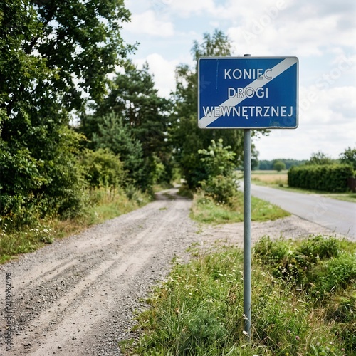Road Sign Indicates End Of Unpaved Path In Rural Landscape Scene
