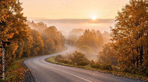 Winding asphalt road through a misty autumn forest during sunrise with golden sunlight filtering through trees