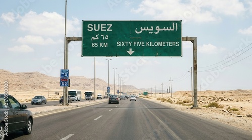 Road Sign To Suez Egypt Driving In The Desert Landscape