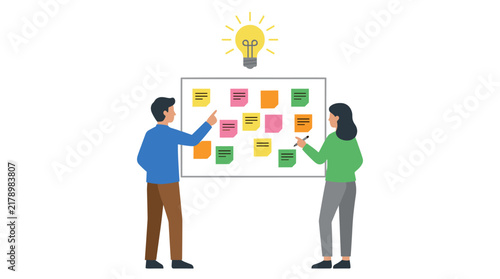 Two people brainstorm ideas using a whiteboard covered in colorful sticky notes and a lightbulb above