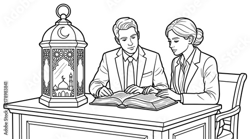 Two professionals in suits review a large open book at a desk next to an ornate lantern, vector illustration