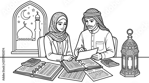 Two professionals reviewing financial documents at a desk with calculators and ledgers, window view of mosque and crescent moon