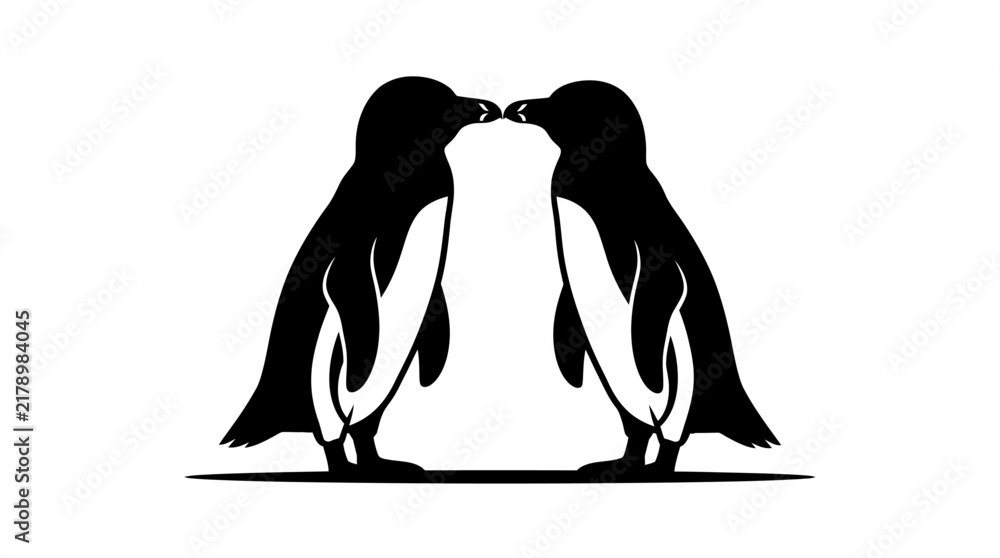 Fototapeta premium Black and white vector illustration of two cute penguins kissing, symbolizing love, romance, and wildlife unity