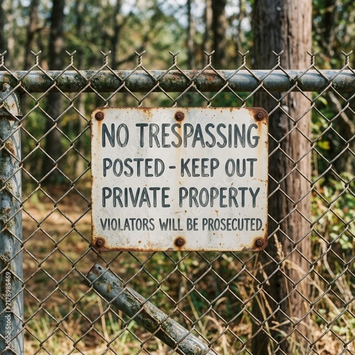 No Trespassing Posted Keep Out Private Property Sign On Chain Link Fence In Woods