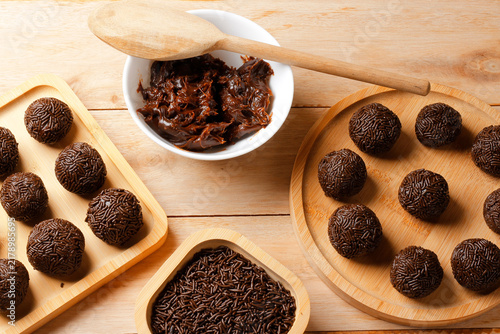 Brigadeiro a traditional Brazilian dessert made with chocolate and coated in sprinkles.