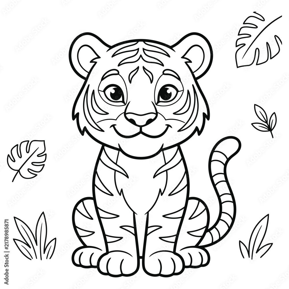 Fototapeta premium Adorable baby tiger cub sitting sweetly surrounded by tropical leaves in line art