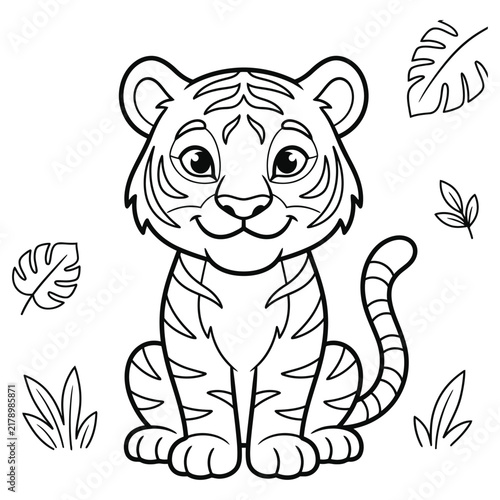 Adorable baby tiger cub sitting sweetly surrounded by tropical leaves in line art