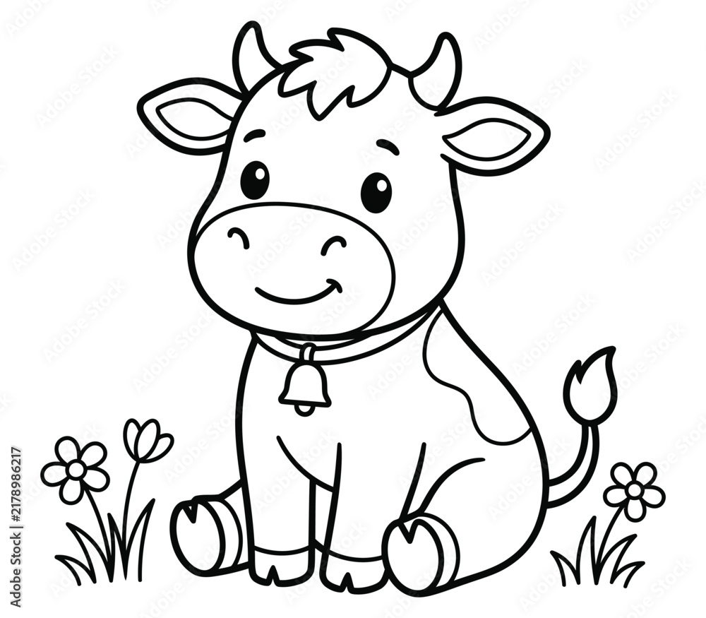 Fototapeta premium Adorable cartoon cow sitting in a field of flowers black and white illustration