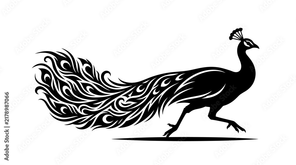 Fototapeta premium Elegant black peacock silhouette with intricate ornamental tail feathers design isolated on a white background