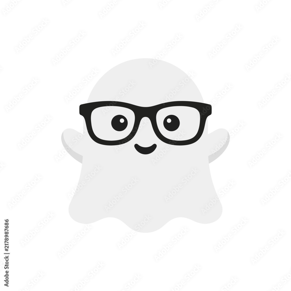 Obraz premium Cute Halloween Ghost Icon with Black Eyeglasses, Flat Design Vector Illustration of a Friendly White Spirit Mascot Wearing Spectacles on White Background for Holiday Decor