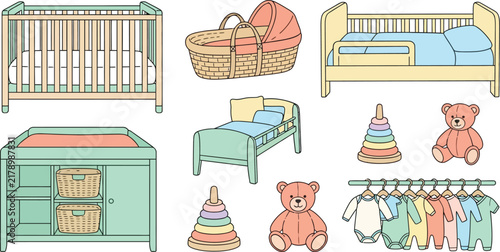 Baby Nursery Furniture and Toy Vector Set with Crib Bassinet Changing Table Clothes Teddy Bear and Bed Elements for Room Interior
