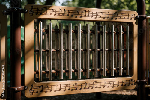 Metal chimes with musical notes hang on playground structure. Outdoor music device for kids sensory development and auditory learning plays melodies. Fun child activity.