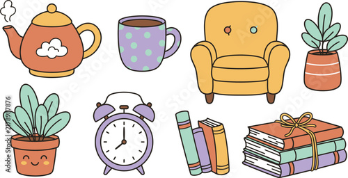 Cozy Home Living Room Vector Set with Cute Armchair Teapot Cup Alarm Clock Books and Potted Plant Doodle Illustration Elements