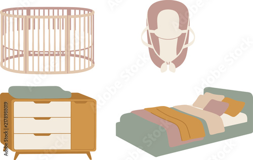 Modern Baby Nursery Furniture Vector Set with Oval Crib Changing Table Nest Bed and Toddler Bed Elements for Interior Design