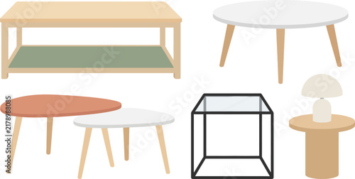 Modern Coffee Table and Side Table Furniture Vector Set with Wooden Glass and Minimalist Designs for Living Room Interior Home Decor Illustrations