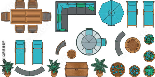 Top View Outdoor Patio Furniture Vector Set with Table Chairs Sofa Umbrella Sunbed and Potted Plants for Garden and Backyard Landscape Architecture Plan