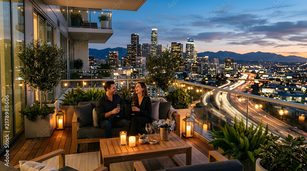 Obraz premium Romantic couple relaxing with drinks on a luxury penthouse balcony overlooking a vibrant city skyline at dusk.