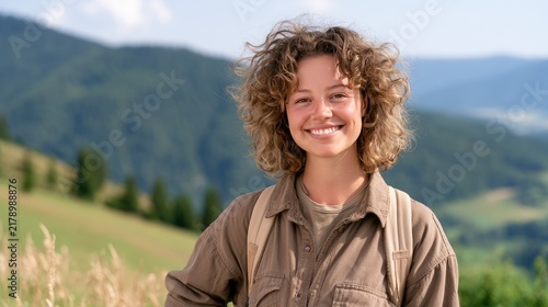 Happy young woman with curly hair smiling outdoors against a backdrop of nature during a sunny day in the mountains