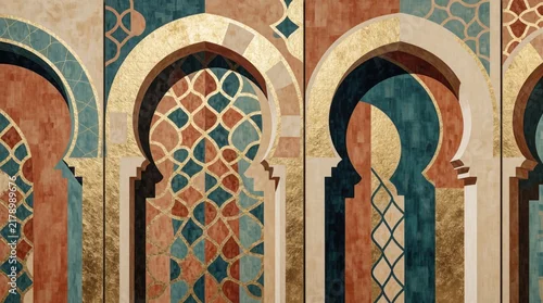 Panel kuchenny z motywem Abstract geometric Moroccan arches in triptych format. Beige teal and gold colors form a minimalist cultural pattern. This artwork is ideal for interior design and decor.