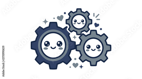 Cute Kawaii Gear Characters Working Together Teamwork Concept Vector Illustration