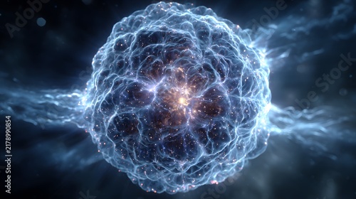 Glowing blue plasma energy sphere emitting electric charges in dark space. Abstract science and power concept.