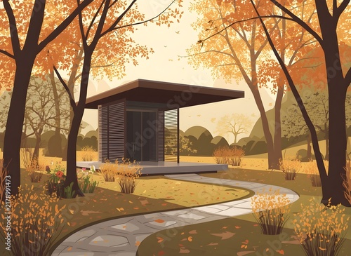 Autumn Tea and Relaxation Pavilion in Woodland Garden