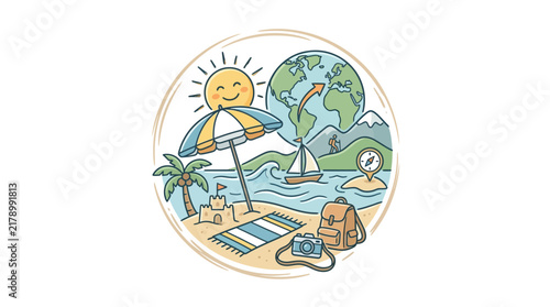 Tropical beach scene with umbrella and sun.