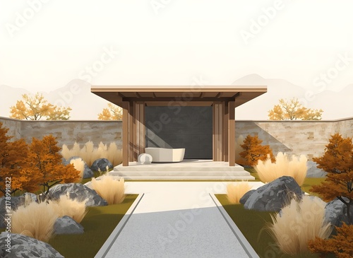 Refined Garden Spa Pavilion in an Autumn Ornamental Garden