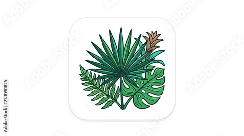 Tropical green palm and monstera leaves icon design.