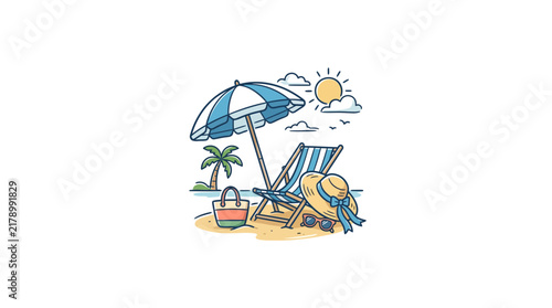 Tropical beach vacation set with chair and umbrella.