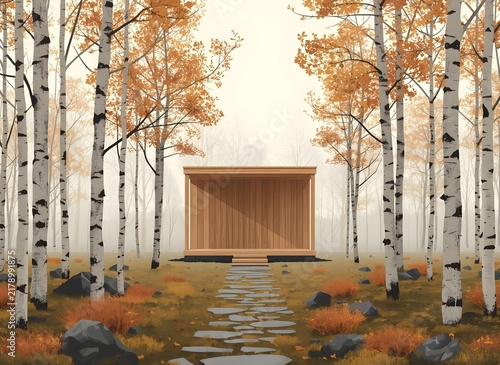 Minimalist Wooden Meditation Pavilion in Autumn Forest