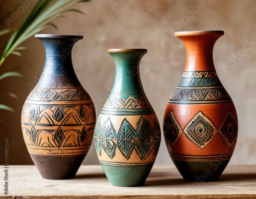 Three decorative ceramic vases with intricate tribal patterns displayed on a wooden table against a neutral background with soft lighting
