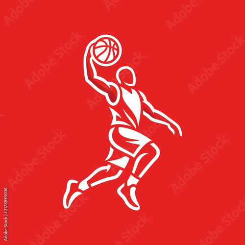 Dynamic Basketball Player Silhouette Mid Dunk on Red Background