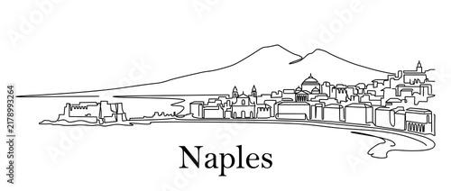 Line art Naples skyline featuring Mount Vesuvius and historic Italian coastal architecture, minimalist black and white city illustration on white background