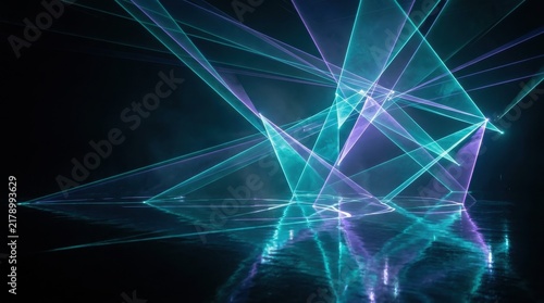 Dynamic turquoise and purple laser light show creating geometric patterns in a dark space